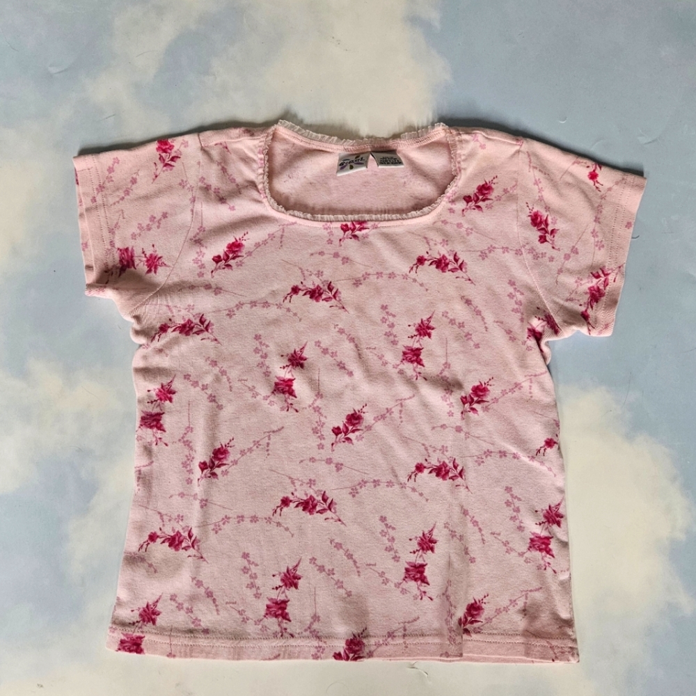 Floral Pink 90s Y2k Shirt "E-Girl" Baby Pink Crop Tee Ditsy Floral Pink Print
